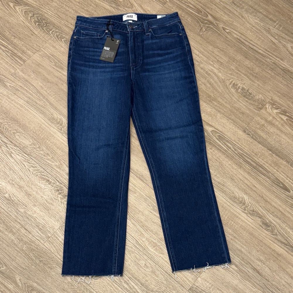 PAIGE Dark Indigo Straight-Leg Jeans with Raw Hem